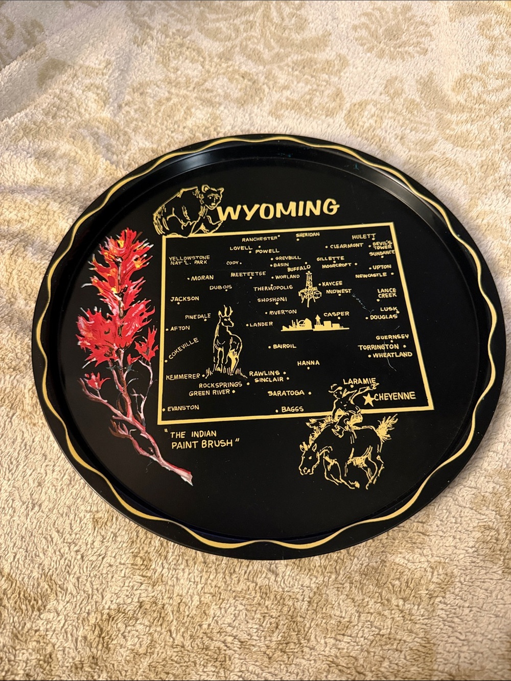 Vintage Mid Century Wyoming State Souvenir Metal Tray Pristine Front